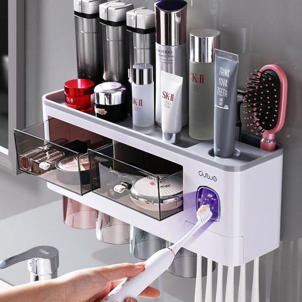 bath accessory set bathroom storage rack accessories magnetic adsorption inverted toothbrush holder automatic toothpaste dispenser squeezer